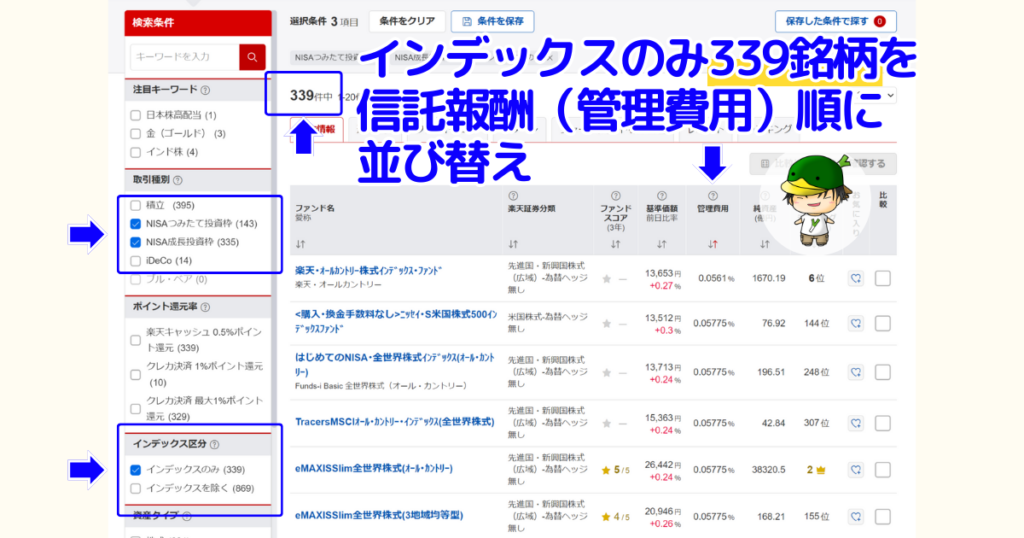 楽天証券の投信スーパーサーチでNISA対象「インデックスのみ」をスクリーニング