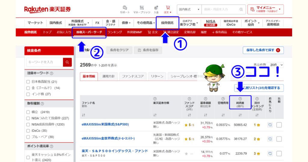 楽天証券の投信スーパーサーチで純資産を確認